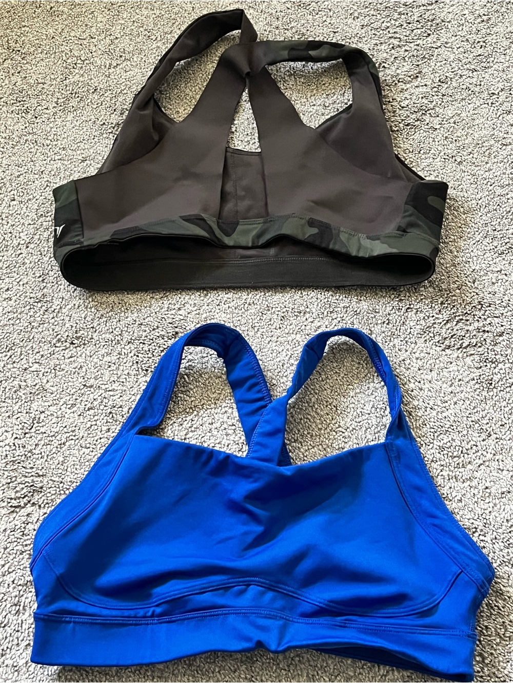Old Navy Blue Sports Bra and Black Camo-Trim Sports Bra